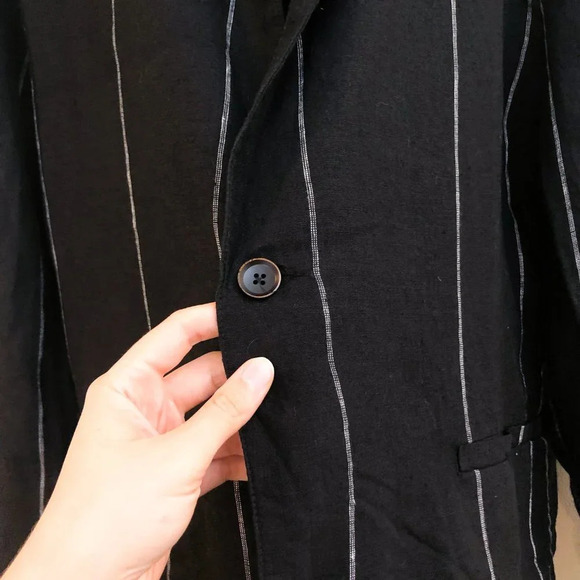 DEPT. ANONYM 100% Linen Black Striped Collared V Neck Classic Lightweight Blazer - Picture 5 of 11